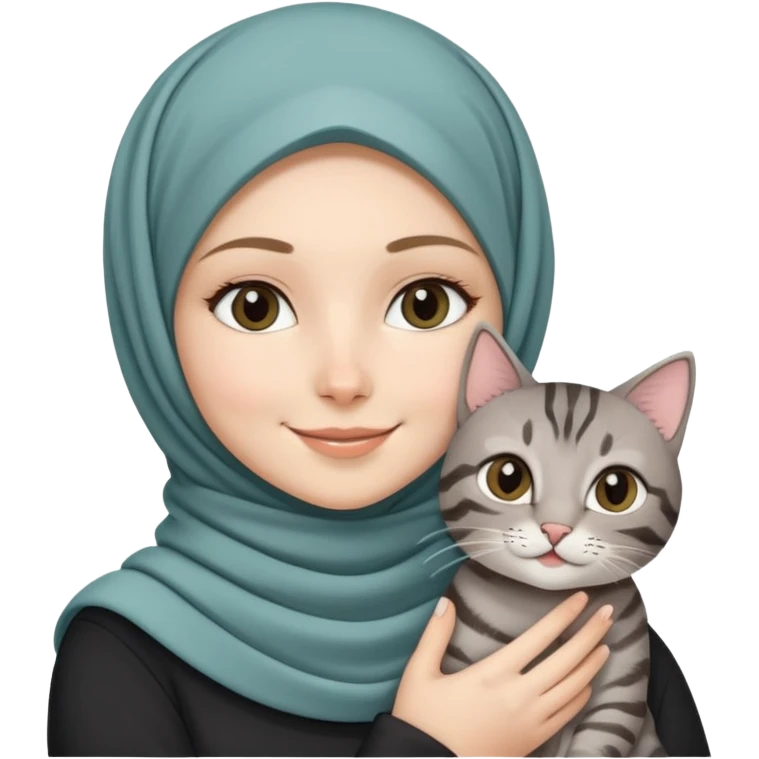 White girl wearing pretty hijab holding a black grey tabby cat while smiling emoji