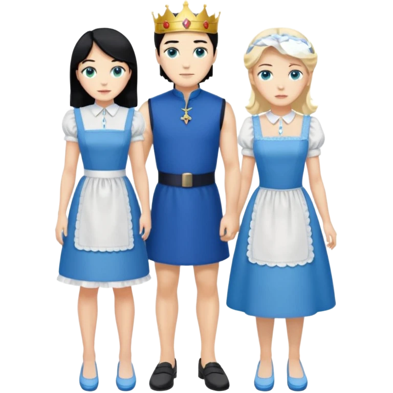 King, black hair, body, legst, blue eyes, blue garmont,  shoes, maid blonde hair, green eyes, sexy short sleveless White dress, shoes emoji