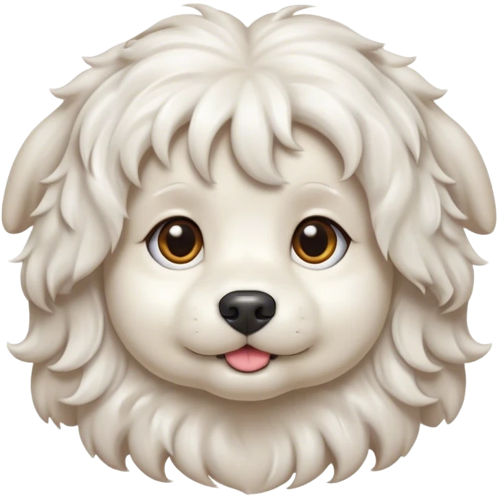Cinematic Cute Wavy-Haired Maltese dog Portrait Emoji, Head tilted playfully and inquisitively, featuring a luxurious, wavy-haired white coat with a healthy sheen, round, sparkling dark eyes filled with curiosity, Simplified yet irresistibly adorable features, highly detailed, glowing with a warm, friendly glow, high shine, affectionate and lively, stylized with a touch of whimsy, bright and endearing, soft glowing outline, capturing the essence of a mischievous yet loving companion, so playful it feels like it could scamper out of the screen and into your arms! emoji