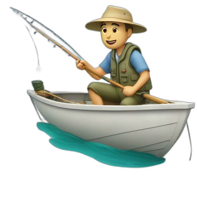 white fisherman fishing with a fishing rod in a small boat emoji