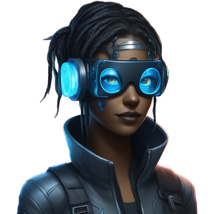 female netrunner, cyberpunk hacker with mechanical glasses, black robot body, black vr headset, eyes covered, blue neon emoji