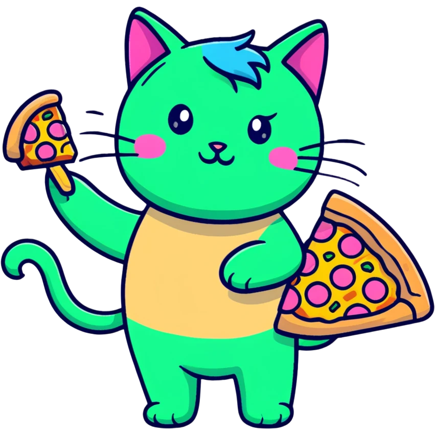 green cat with pink hair and blue ears holding a pizza emoji