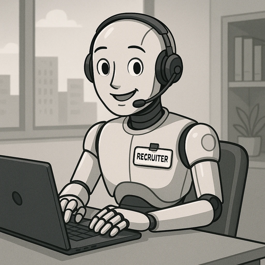 a robot recruiter at a desk, headset on, typing on a laptop, approachable and efficient emoji