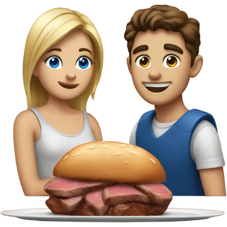 20 year old couple boy with blue eyes girl with hazel eyes eating steak emoji