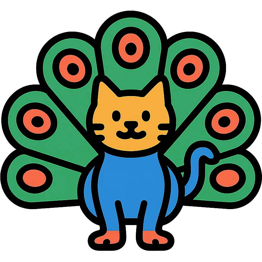 silly peacock with a cat icon with color outline emoji