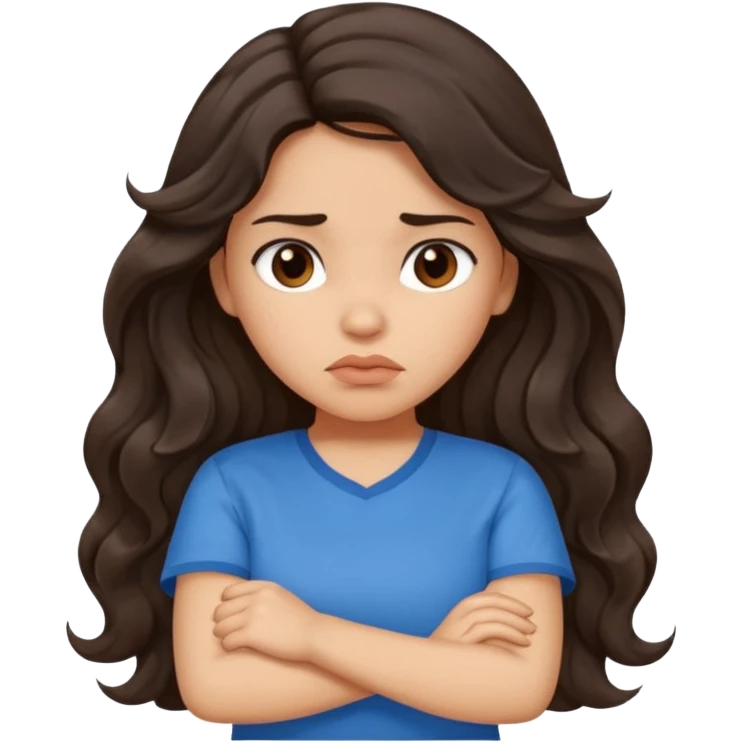 Hispanic girl with long dark brown wavy hair crossing her arms and  pouting emoji