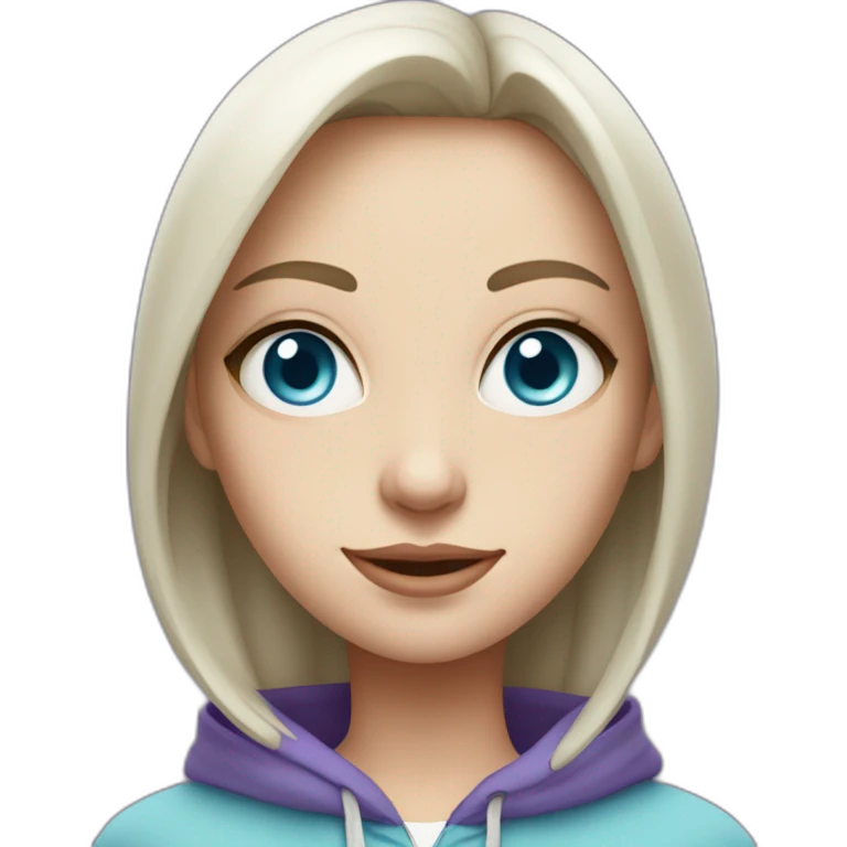 Full length girl in a purple hoodie with big light blue eyes and white skin and high aristocratic cheekbones emoji