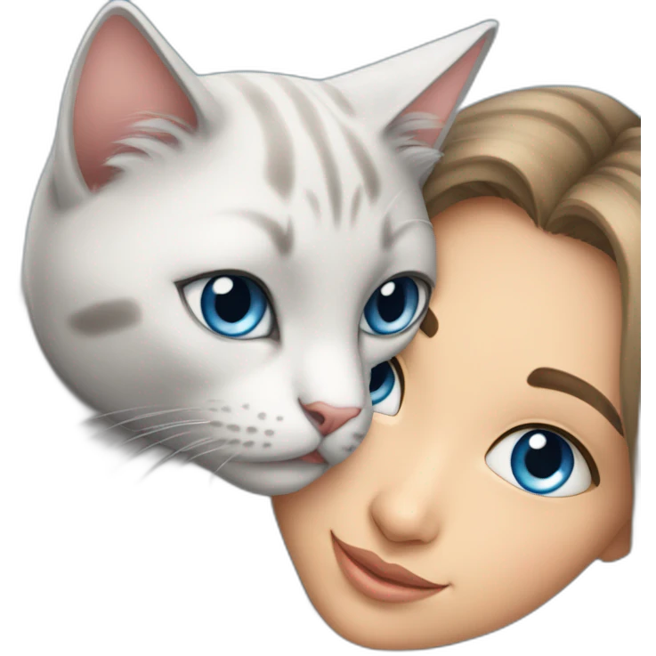 light gray, blue eyed cat cuddles turkish girl emoji