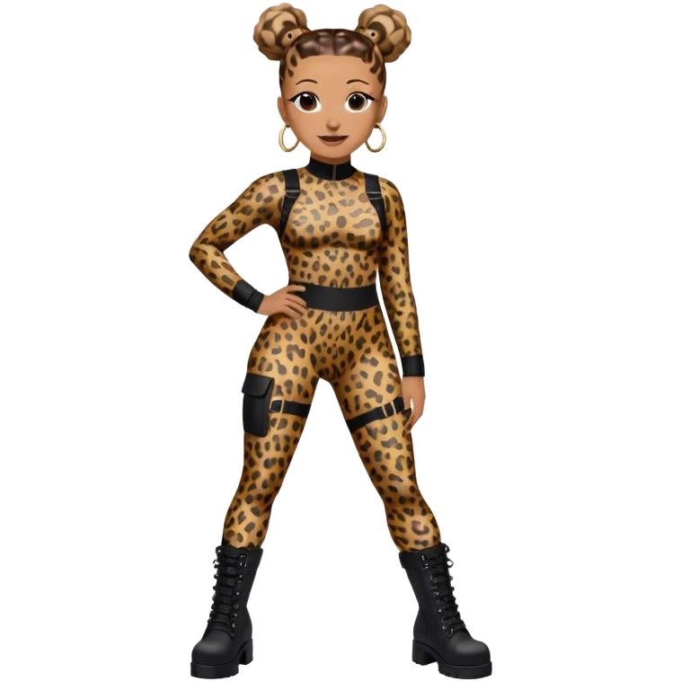 Melanie Brown smiling with her hair in space buns and wearing a tight leopard print two piece bodysuit and black combat boots emoji