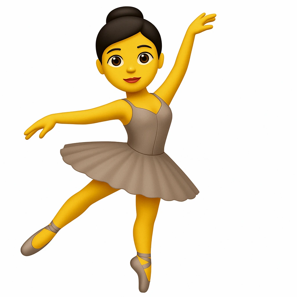 Create a ballerina emoji exactly like the reference image but without the cup head. The emoji should be in iOS emoji style, featuring a classic ballerina pose with a tutu, elegant, smooth, and shiny appearance. emoji