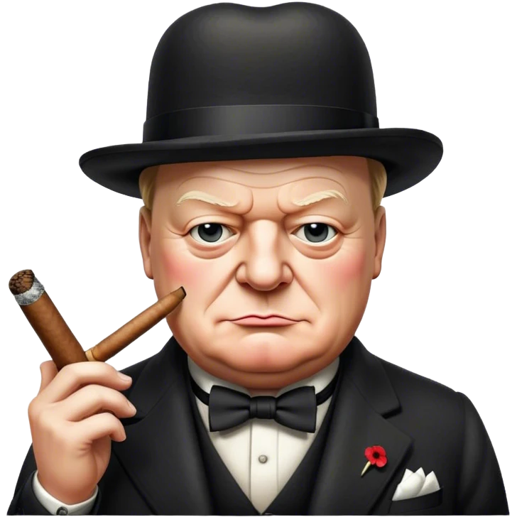 Cinematic Realistic Winston Churchill Portrait Emoji, depicted as a resolute British statesman with a signature bowler hat and a cigar, exuding determined leadership and wartime valor, rendered with lifelike textures and dramatic vintage lighting that captures his iconic British spirit. emoji