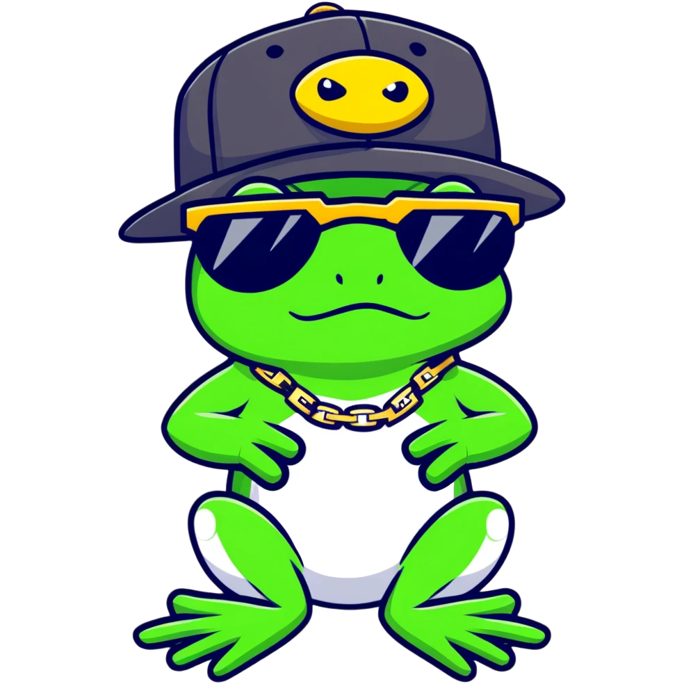 thug life frog with pixelated black sunglasses, gold chain, snapback hat, tough gangster pose emoji