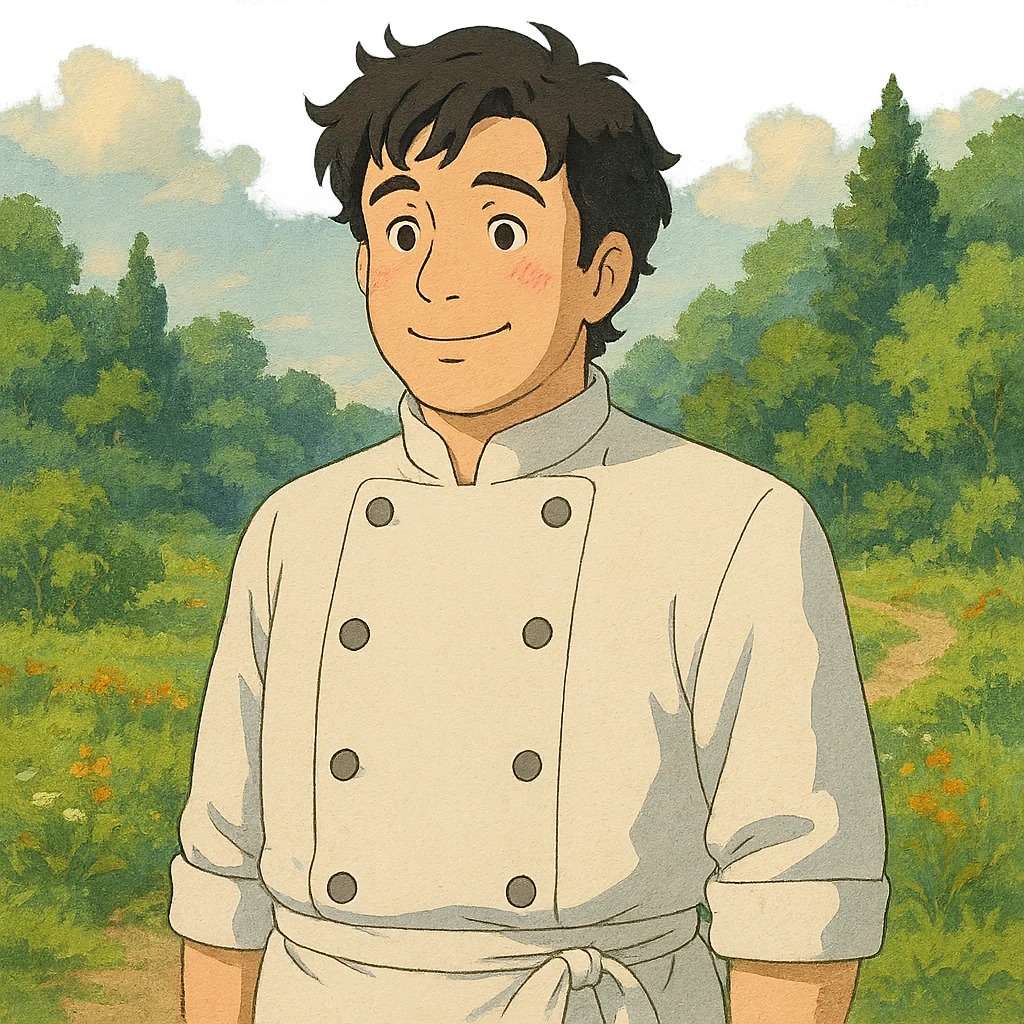 a man with black hair in a chef's suit emoji