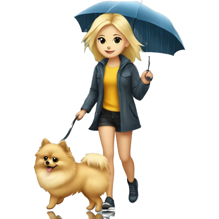 Blonde girl walking pomeranian under the rain emoji