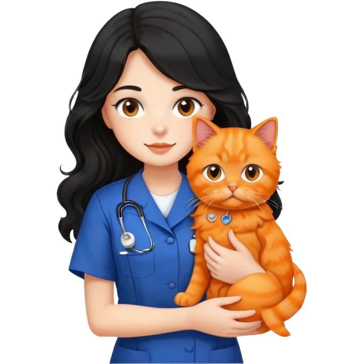 a girl with long black wavy hair in a nursing uniform holding her orange persian cat emoji