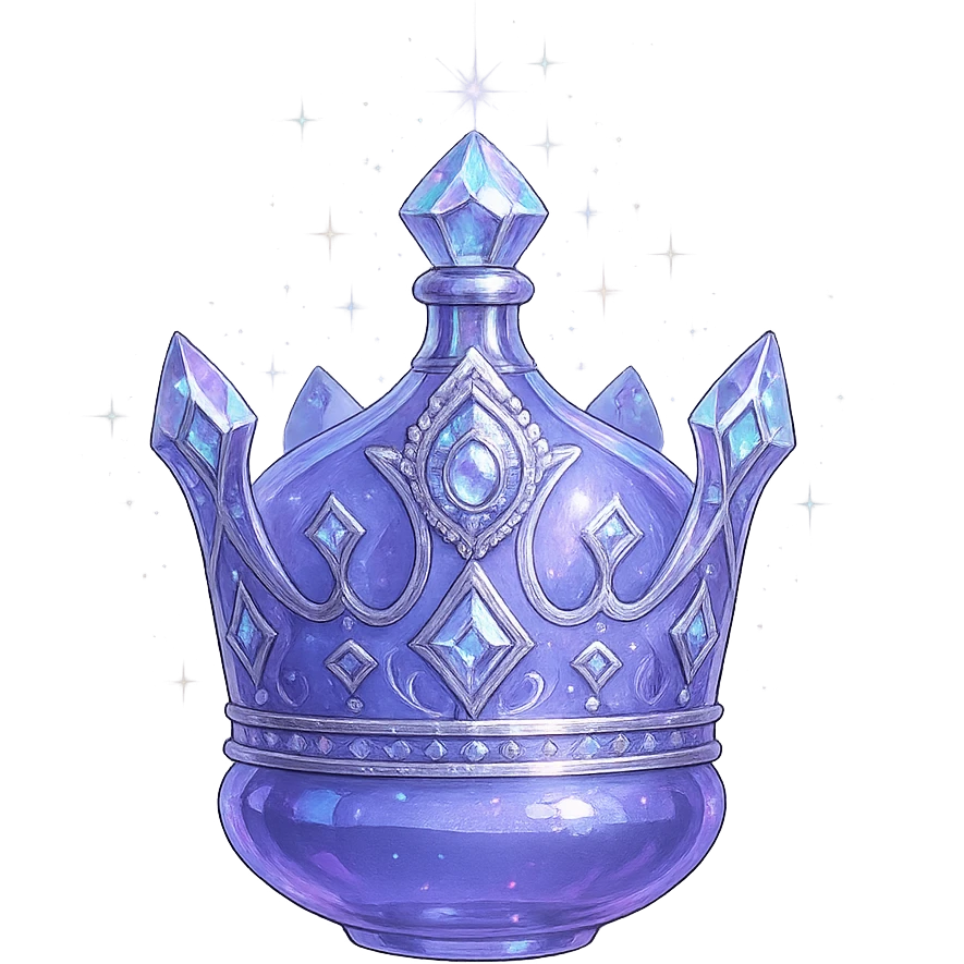 crown-shaped luxurious elixir bottle, unmistakably crown-like silhouette, color #7986cb, multi-layered holographic and silver details, intricate crystal facets, magical radiant glowing and sparkling effects, seamless and beautifully joined rounded and closed bottom (not flat or open), very small neck, transparent background, floating clearly in air, not standing, no base or shadow, modern, extremely beautiful, matching a collection emoji