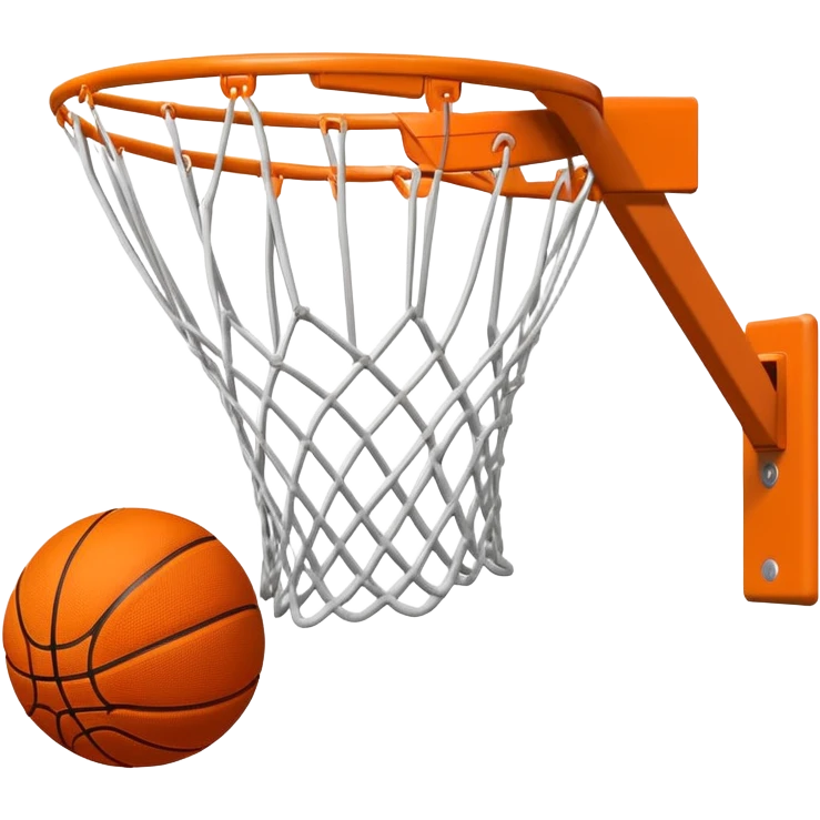 Minimalist orange Spalding basketball going through a white basketball net, swishing through hoop, iOS emoji style emoji