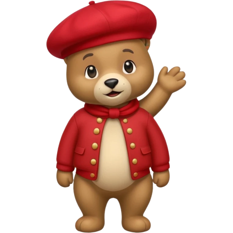 A cute emoji bear, full-length, side view, wearing a stylish red beret. emoji