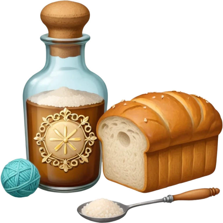 a one victorian bottle of salt and a loaf of bread - crochet needles and a ball of wool emoji