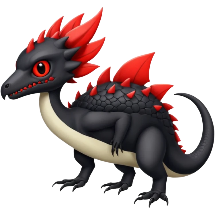 a white exotic edgy vernid-fionbr-Fakémon-creature, with black belly and red eyes, full body emoji