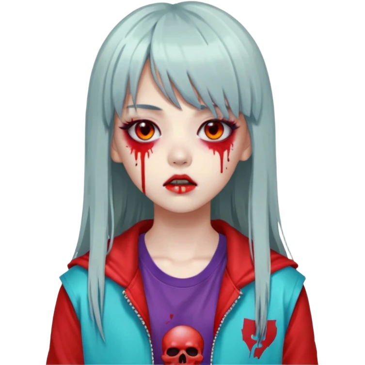  portrait-of-a-zombie-k-pop-idol,-wearing-a-stylish-streetwear-outfit-with-layered-colorful-clothing,-long-hair-with-bangs,-makeup,- emoji