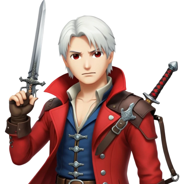 Dante from Devil May Cry with white hair, red coat, sword and pistols emoji