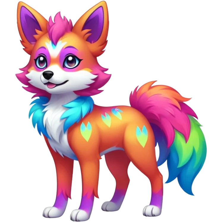 Vibrant multicolored neon-colored Falvie-Fionbri-creature-sparkle-dog-fursona, full body emoji
