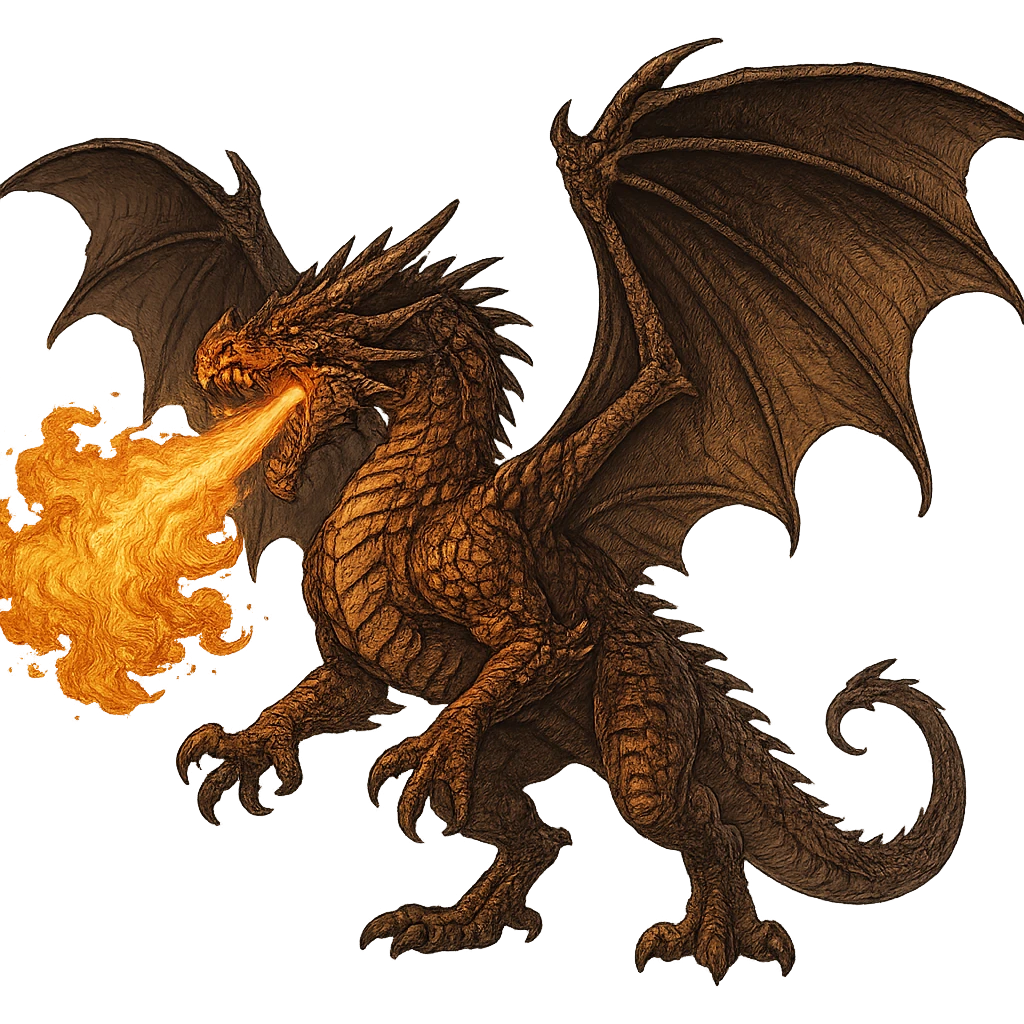 fierce dragon with large wings and scales, breathing fire, fully depicted emoji