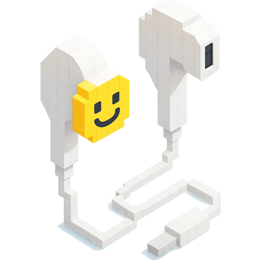white EarPods headphones with a playful twist emoji