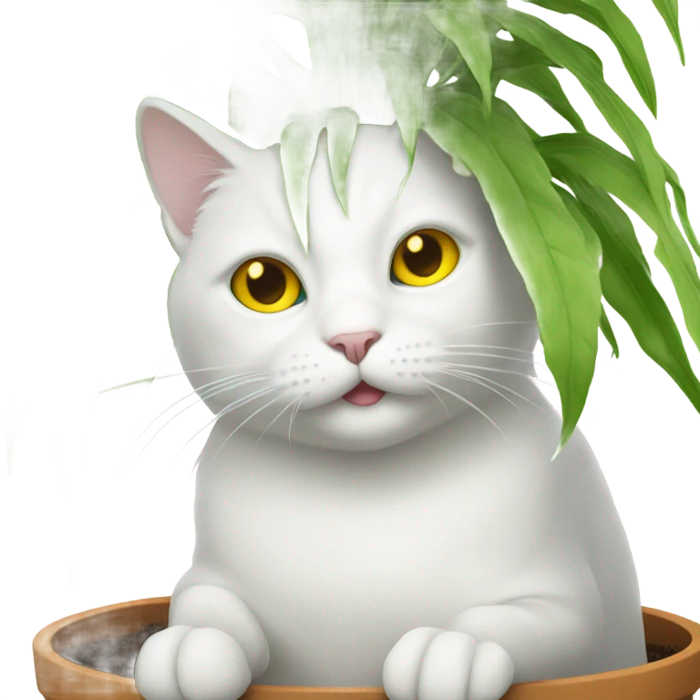 White cat sitting in a plant pot, yellow eyes emoji