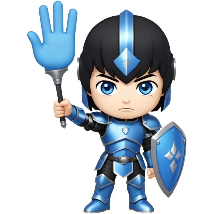A chibi anime male with black hair and bright blue eyes, wearing black tight armour, angry and waving a sign with the words “No Visitors!” emoji