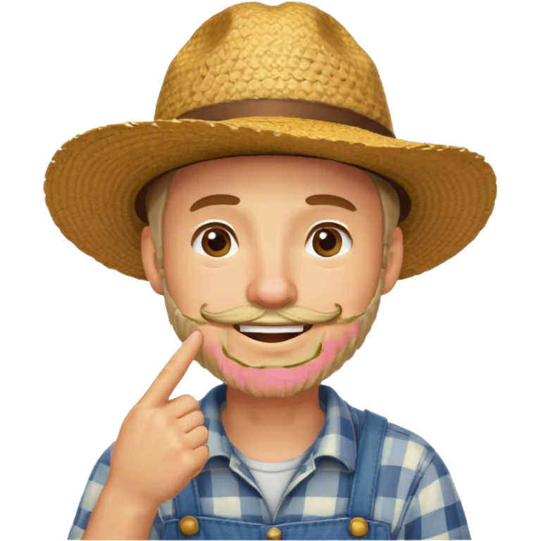 “A single emoji-style character combining 👨‍🌾😄 and 🤔: a smiling farmer man with a straw hat, friendly face, and light beard, holding one hand under his chin in a thinking gesture. His index finger rests under his face, eyes looking slightly upward as if thinking.  emoji