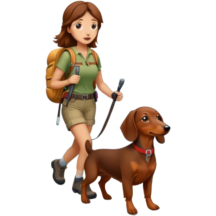 brown daschund dog hiking with a woman with brown hairr a mountain emoji