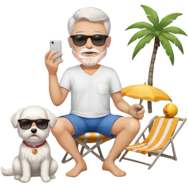 white man grey hair beard holding a white Maltese sitting on a beach full body emoji