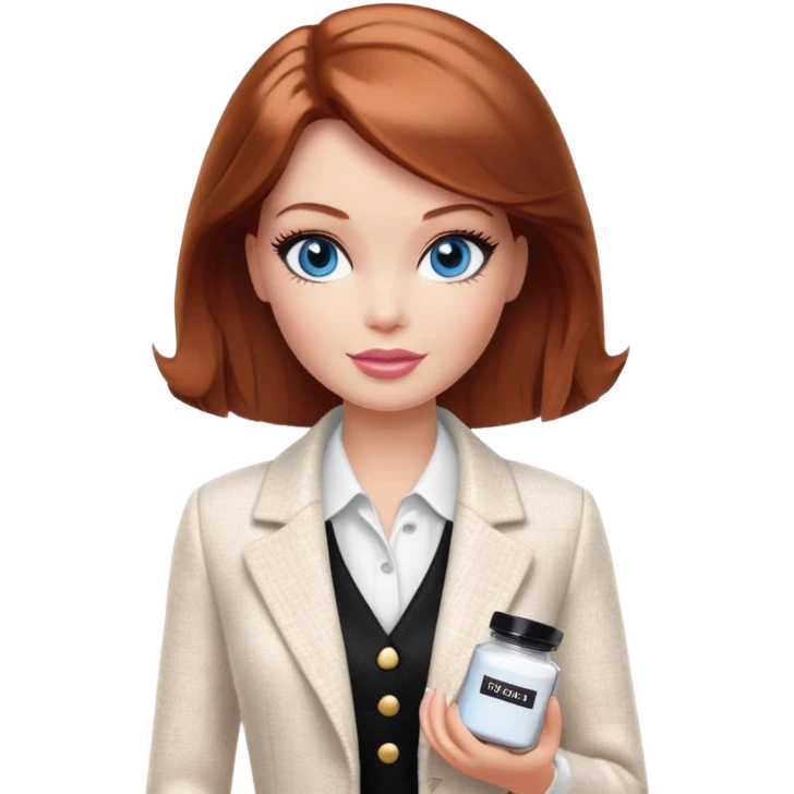 A Barbie girl with blue eyes, shoulder-length reddish-brown hair with makeup, wearing a white tweed jacket and a black skirt, pale beige body cream pot emoji