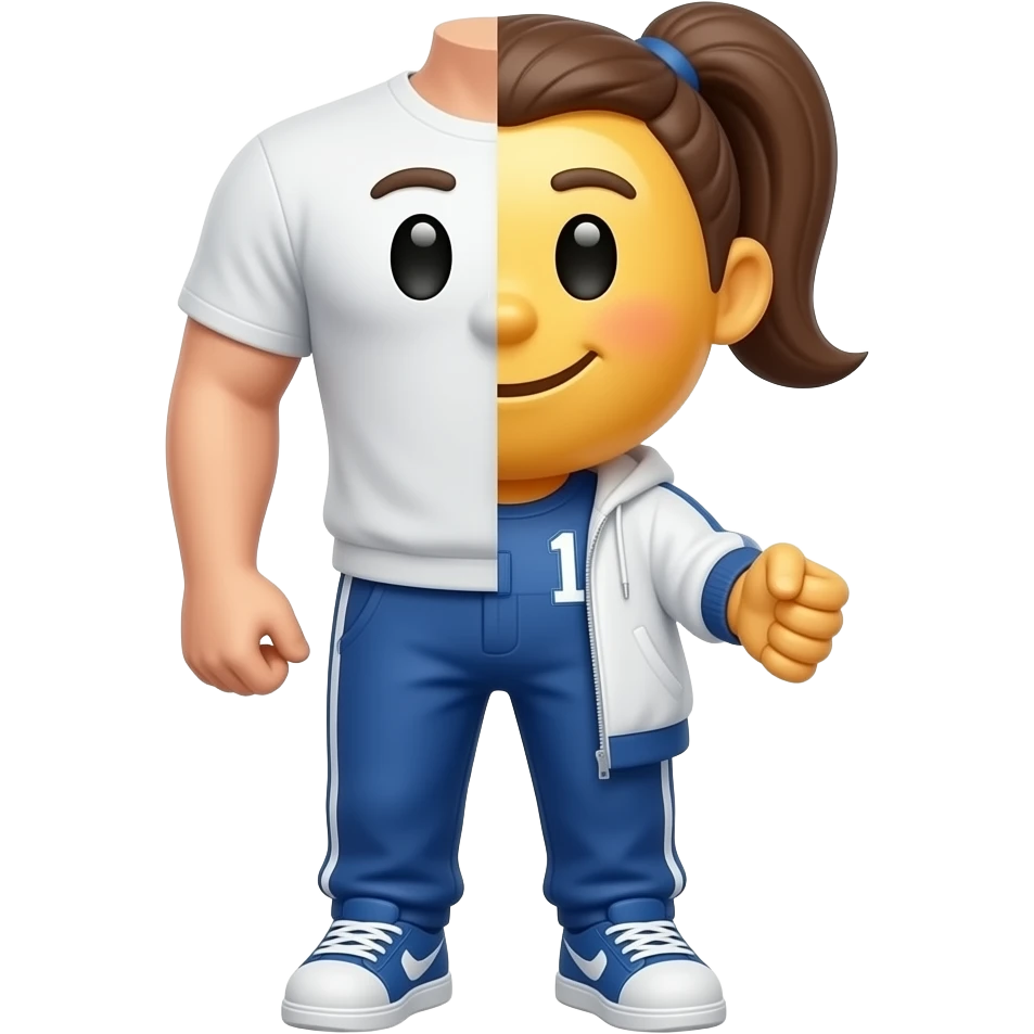 guy half-transformed into shiny rubber emoji jogger girl w/ brown ponytail emoji