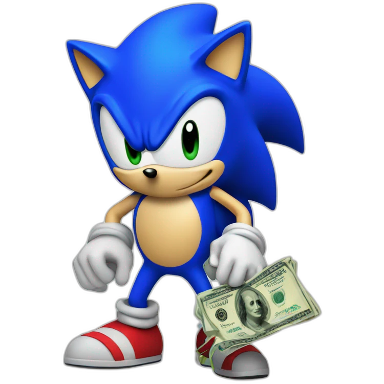 blue sonic with money, looking on top emoji
