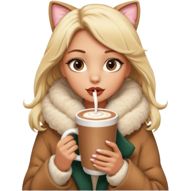 Tanned Girl with lashes , blonde hair, in an extremely big fluffy oversized coat and hold hot chocolate drink and big cat eyes, big lip emoji