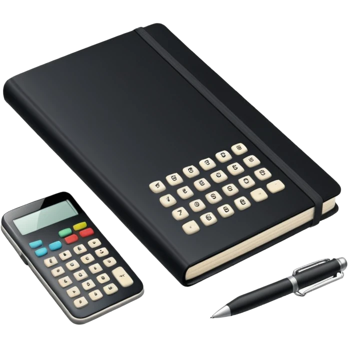 Minimalistic flat vector icon, iOS style, thin black contour on white background. Small black notebook with visible binding, placed next to a calculator. Clean, modern, no text, no shadows. emoji