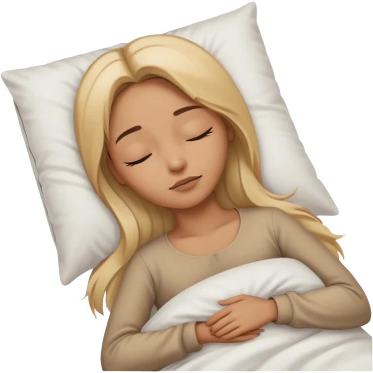 Mujer color de piel moreno claro, con cabello rubio largo, lacio y suelto, ojos negros, durmiendo con sábanas blancas  emoji