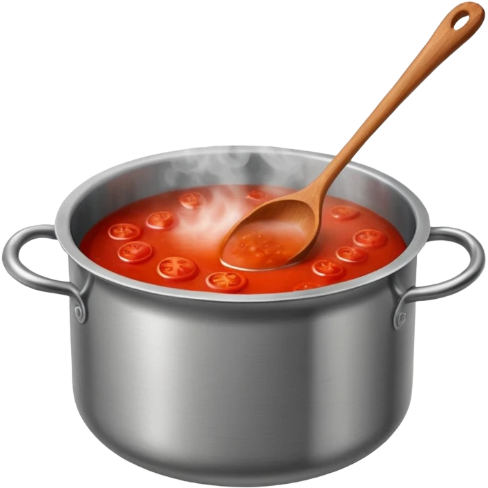 Big cauldron of tomato sauce being cooked in a tall stainless steel pot with a massive wooden spoon   emoji
