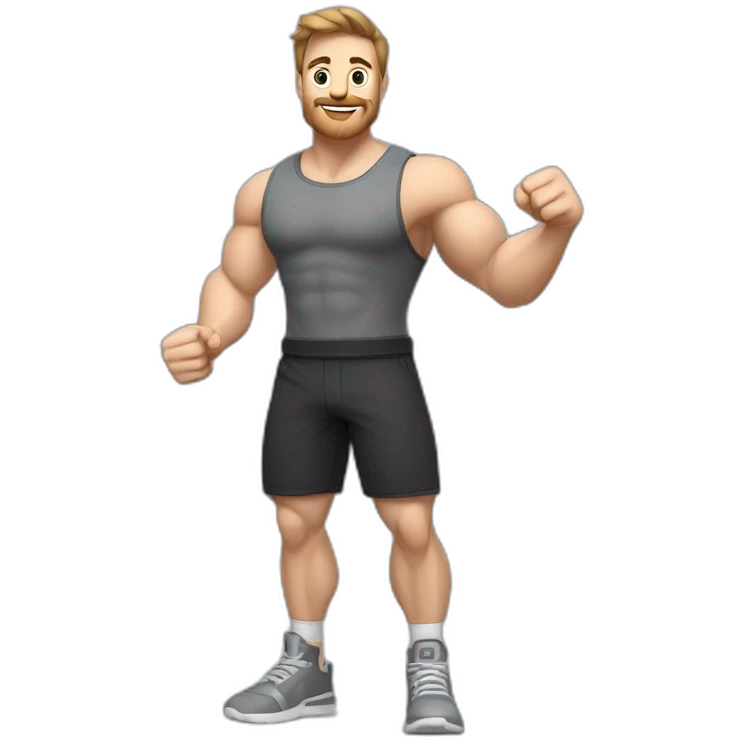 To belt Actively gesturing  with hands Pale skinned Fit Man With the biceps and brown hair in dark gray Sleeveless Mike, black oversize sports shorts, watch and white Sneakers emoji