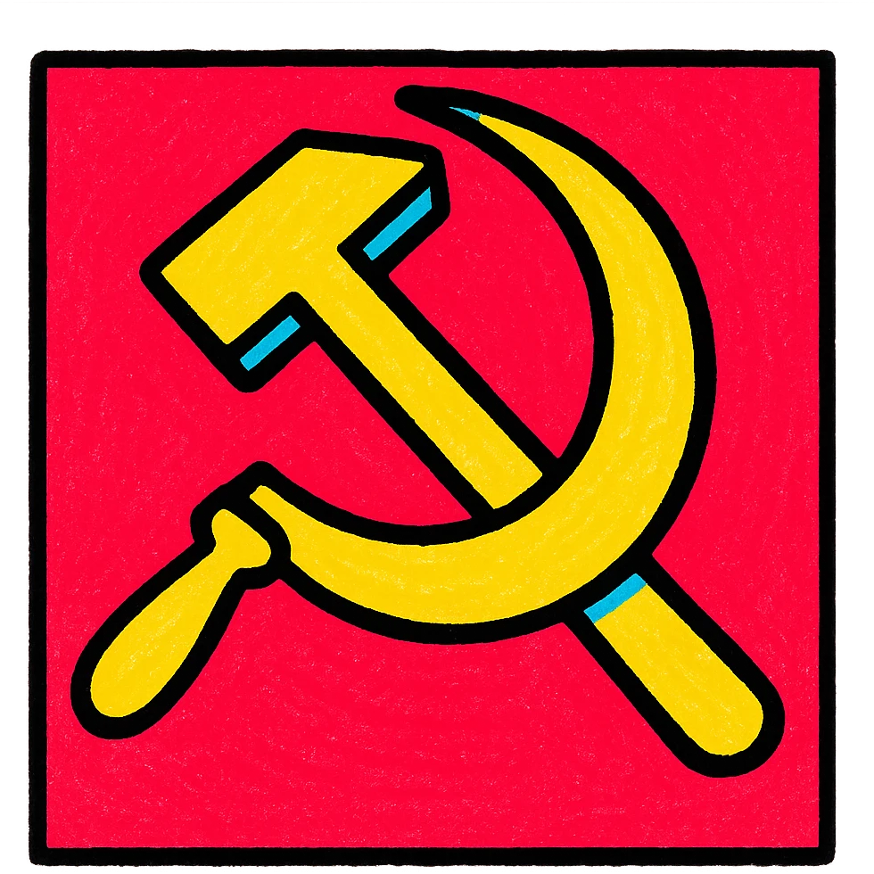 yellow sickle and hammer crossed over, red background, bold graphic style emoji