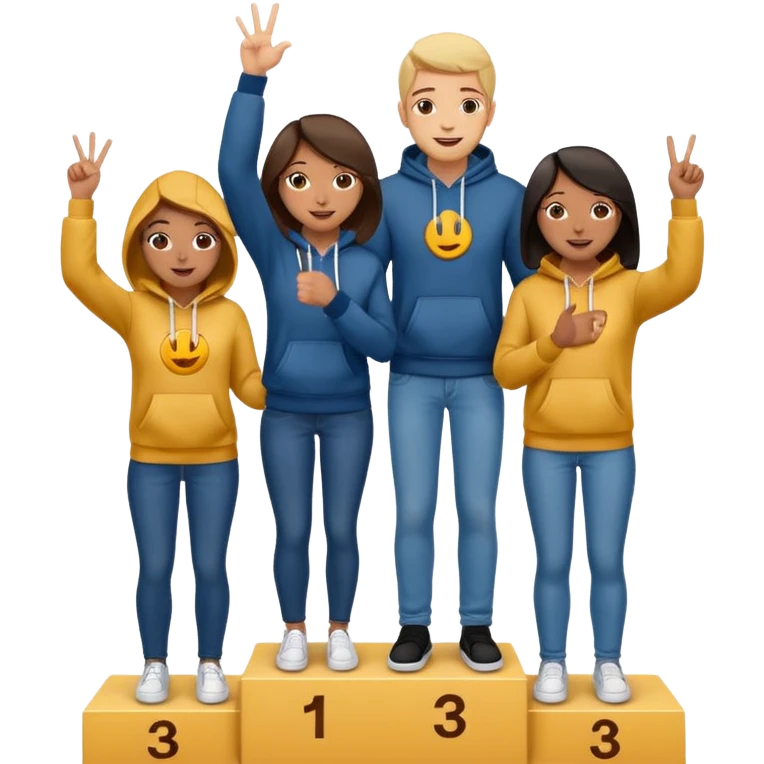 three multi-racial people in jeans and hoodies on a winners podium, center step higher, no numbers, center person holding up one finger on each hand, left person holding up two fingers on each hand, right person holding up three fingers on each hand, cheerful expressive emoji style emoji