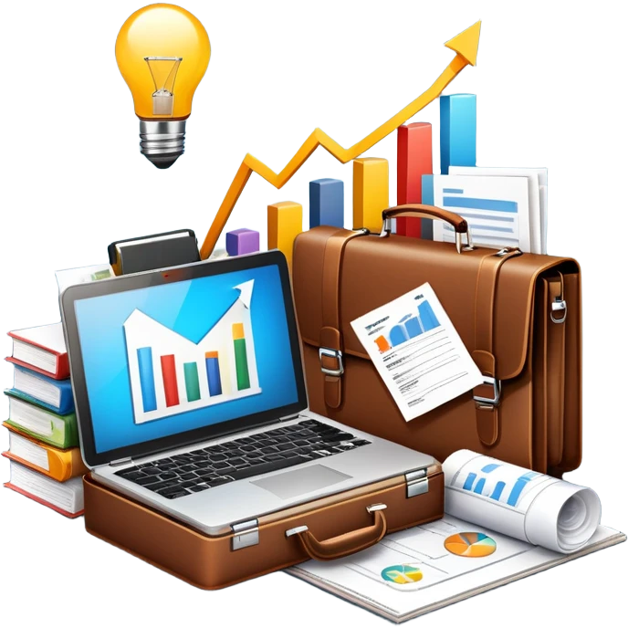 An icon showing a briefcase, a stack of documents, and a rising bar chart, representing business and entrepreneurship. The design features a laptop and a lightbulb, symbolizing innovation and strategy. Transparent background highlights the dynamic world of business growth and leadership. emoji