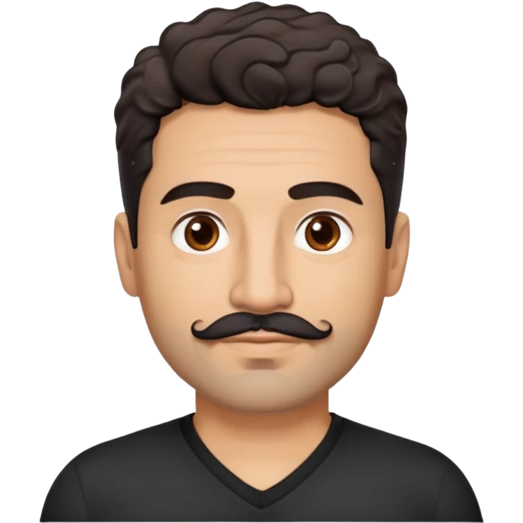 Hispanic man in his 40s with light cinnamon skin. Structured face with defined jawline. Calm brown eyes. Natural thick eyebrows. Connected mustache and chin beard (goatee) in black with a few gray hairs. Short curly dark hair. Wearing a black V-neck t-shirt. emoji