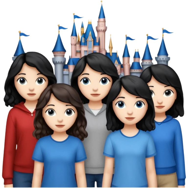 Castillo de Disney y por detrás o delante pon a quatro chicas: una con el pelo largo rizado marrón , otra con el pelo muy corto negro, como un chico, otra con el pelo mediano liso marrón con ojos azulesy otra con el pelo negro largo liso . Todos son color carne.  emoji