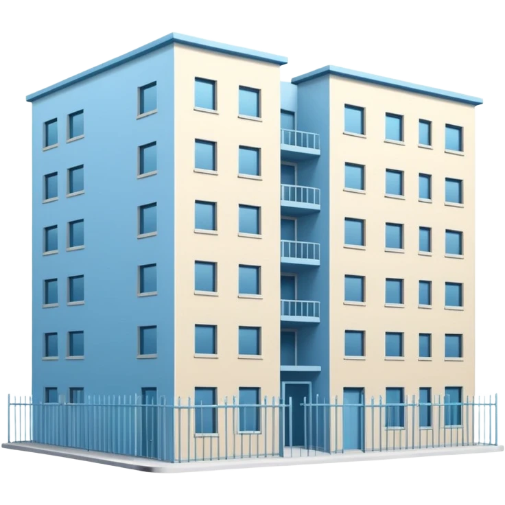 light blue rectangular 9-story apartment building surrounded by fence, closed courtyard, minimal flat vector icon, friendly clean design emoji