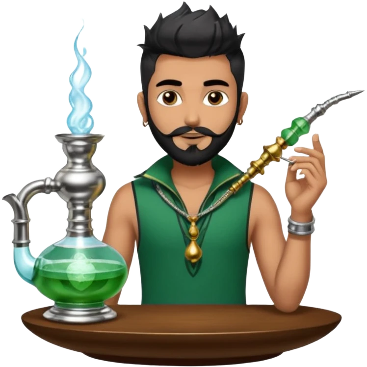 Brass hookah with green design on a glass water base on the top; with two smoke pipes where people are holding them and smoking - one white guy with spikes (silver and black hair) and another Tamil handsome with little beard Indian guy emoji