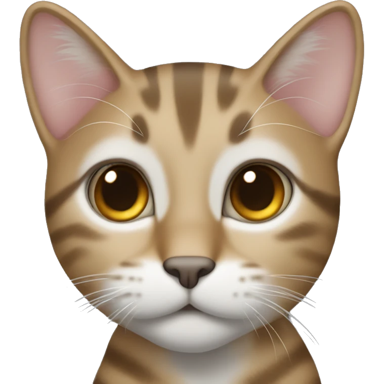  I would like an emoji of a cat with a light brown and gray coat. The cat has a tabby pattern with darker stripes and spots, especially on its legs and tail. The cat’s face has a light-colored snout, a dark nose, and expressive blue eye emoji